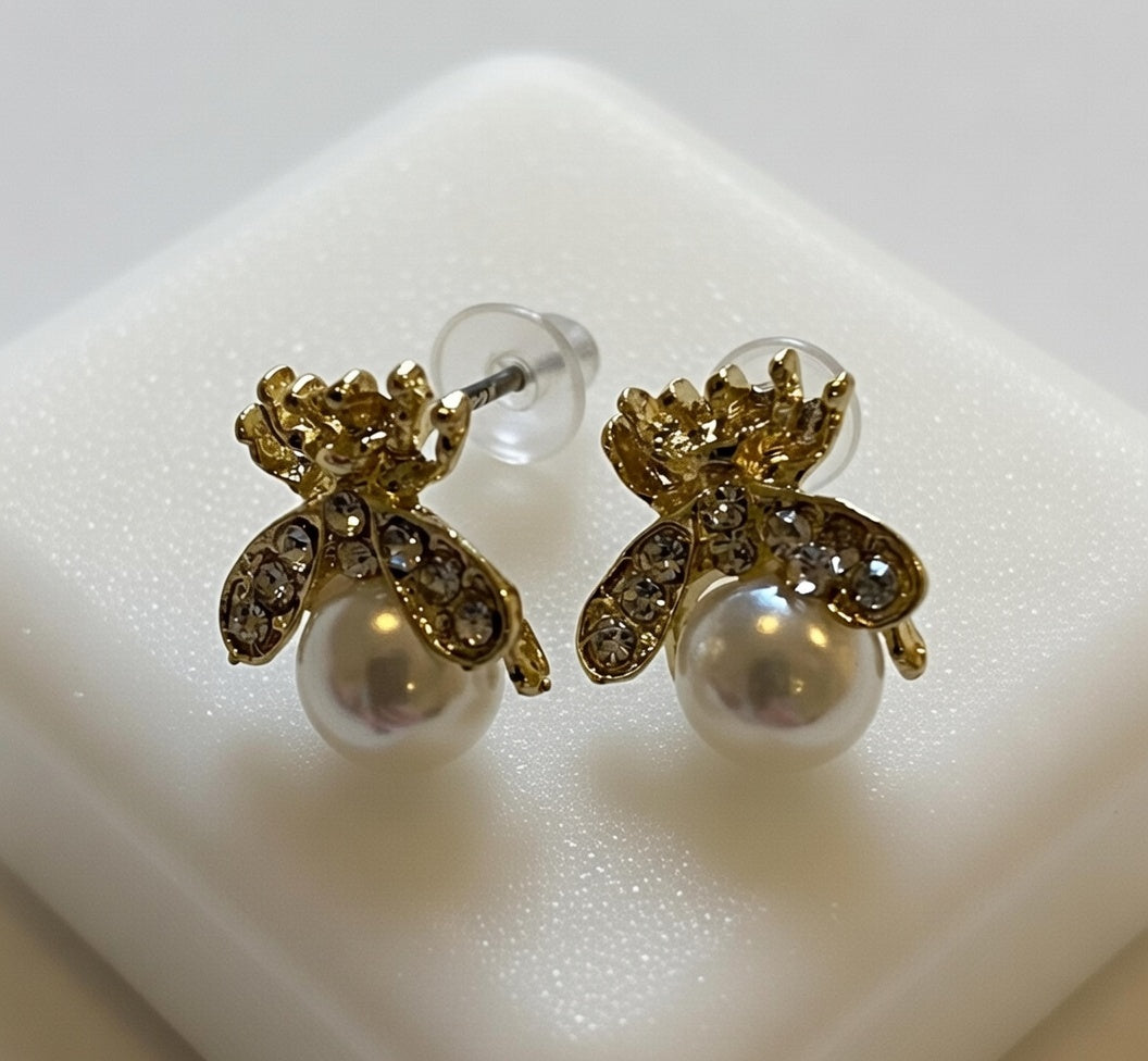 Gold Bee Pearl Stud Earrings