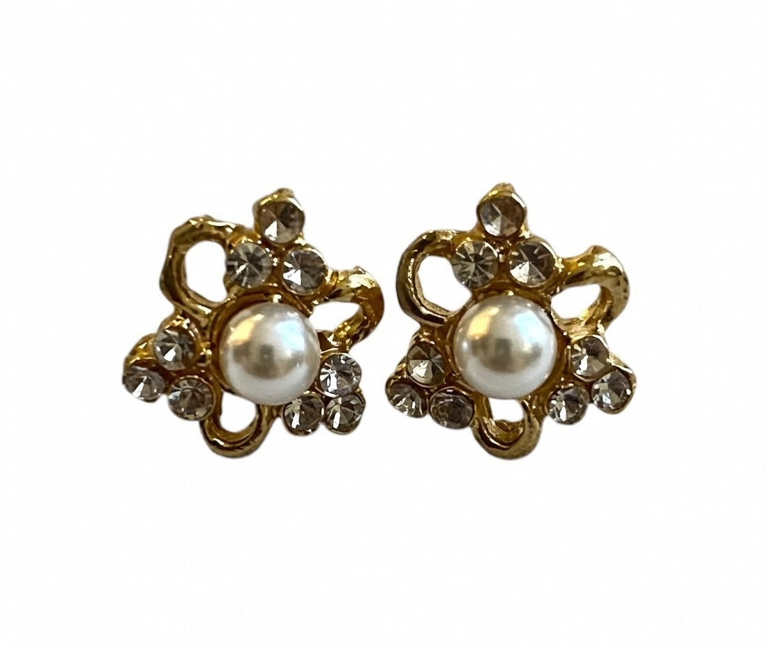 Vintage Gold Pearl and CZ Flower Studs