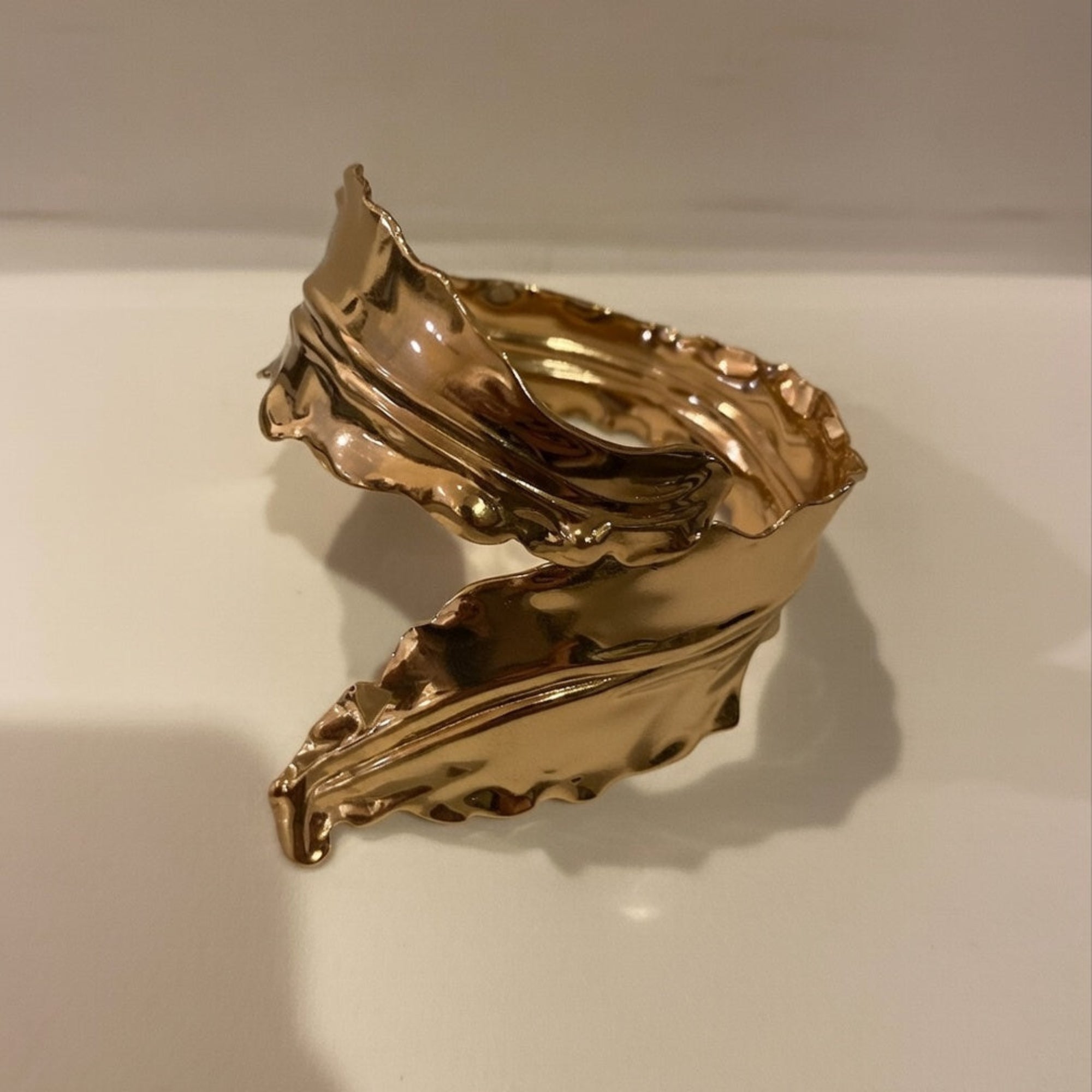 Gold Leaf Design bracelet, Gold plated cuff hammered bracelet