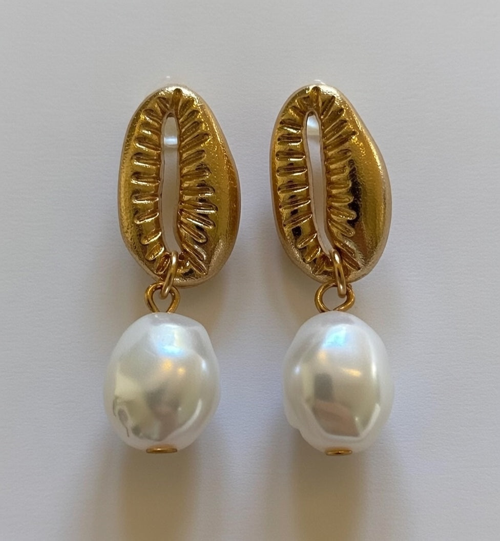 Gold Plated Shell and Pearl Design Earrings, freshwater pearls for a modern style