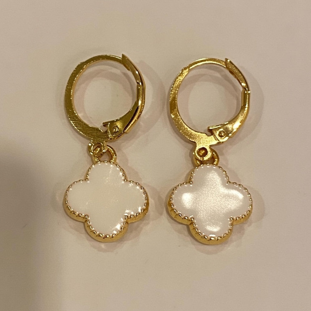 Gold Plated White Clover Charm Earrings in 18k gold, modern classic designer earrings