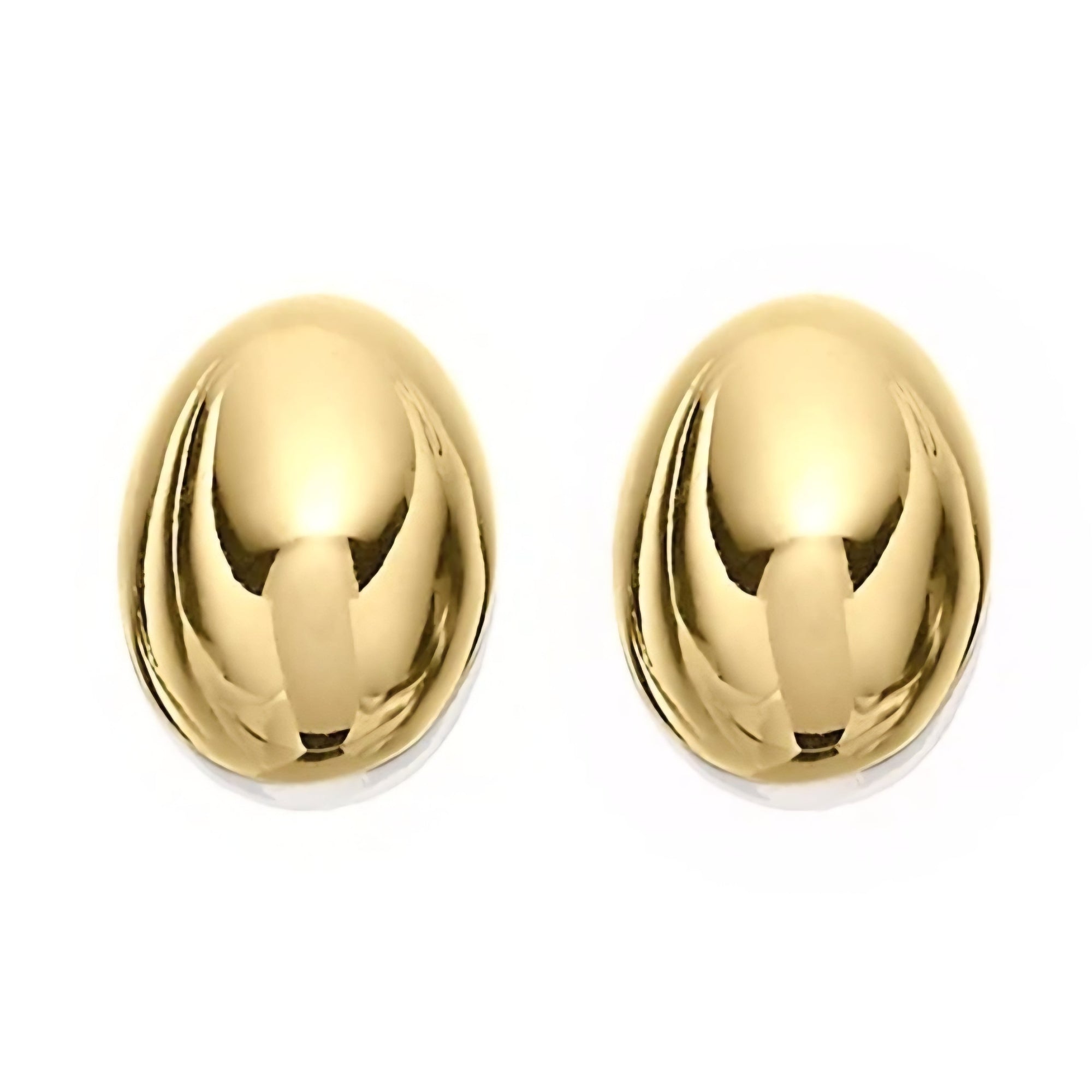 A pair of shiny gold oval stud earrings on a plain white background.