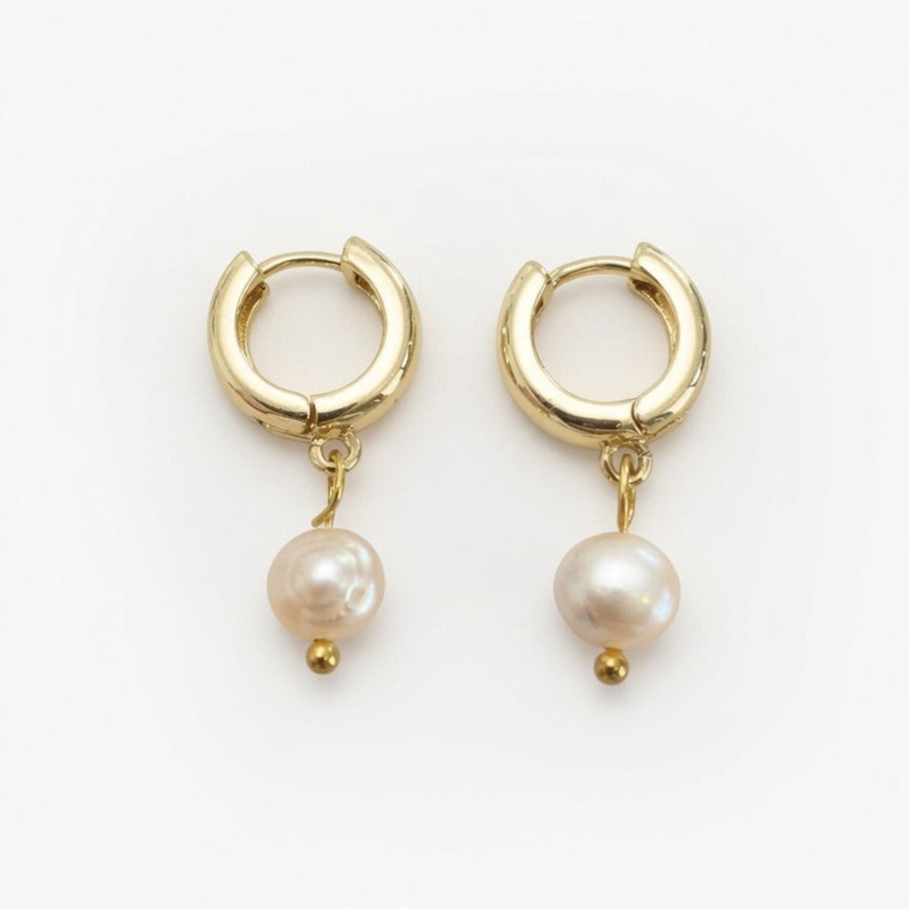 Gold huggie hoop earrings with  freshwater pearl