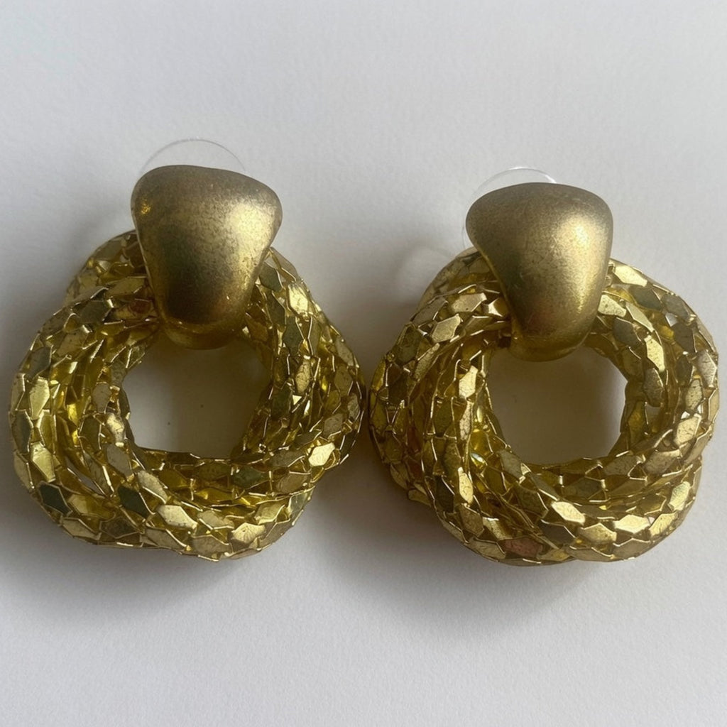 Vintage Gold Twist Drop Earrings, gold plated textured door knocker earrings for a timeless vintage look
