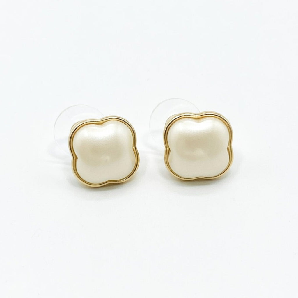 White clover stud earrings every day luxury style. Gold plated white pearl