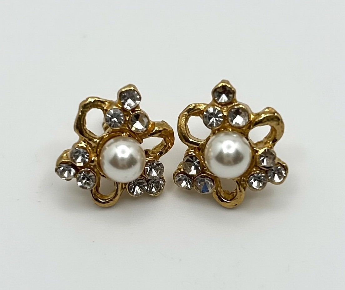 Vintage Gold Pearl and CZ Flower Studs