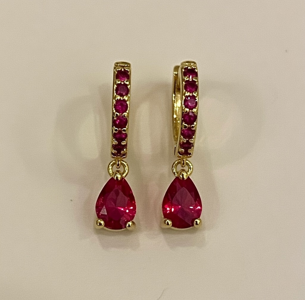 Gold Huggie Hoop and Ruby Stone Earrings