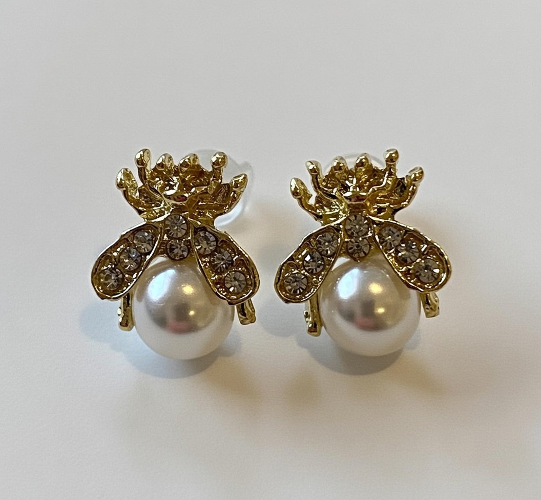 Gold Bee Pearl Stud Earrings