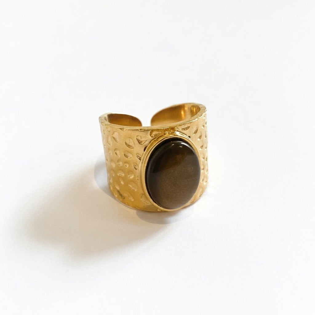 gold ring with a tiger brown stone statement boheme london