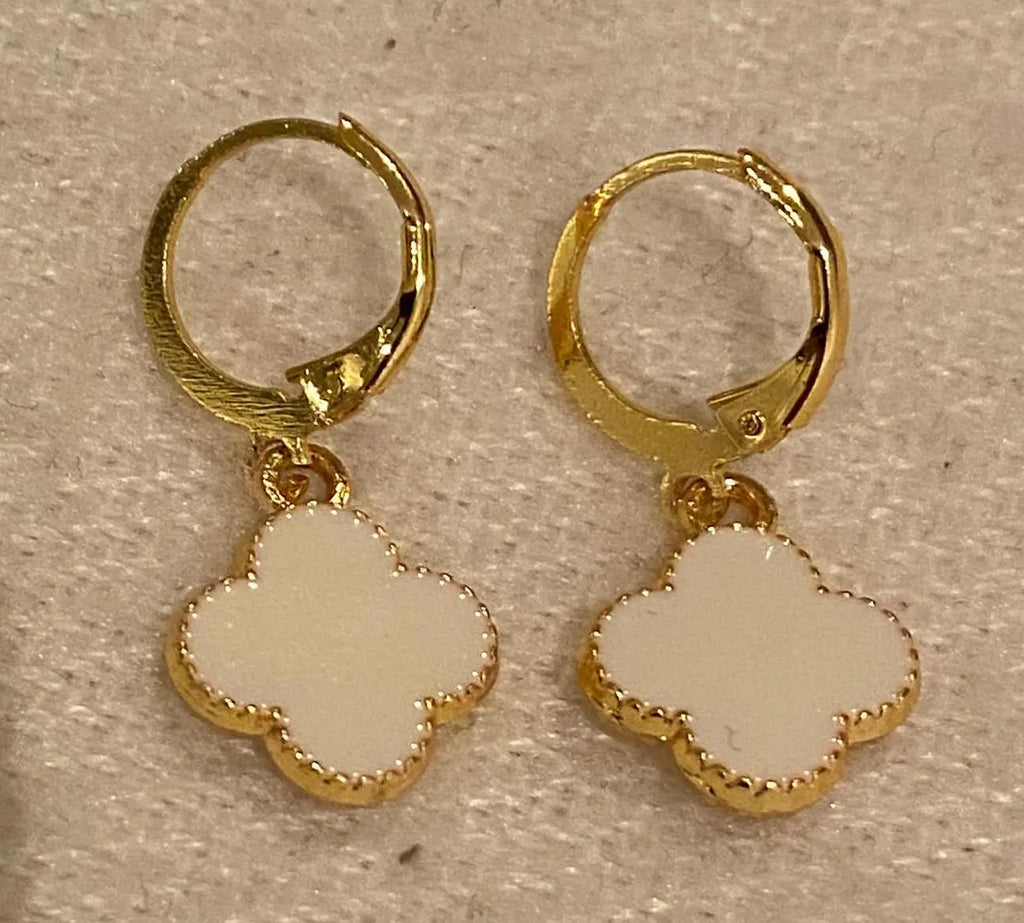 Gold Plated White Clover Charm Earrings