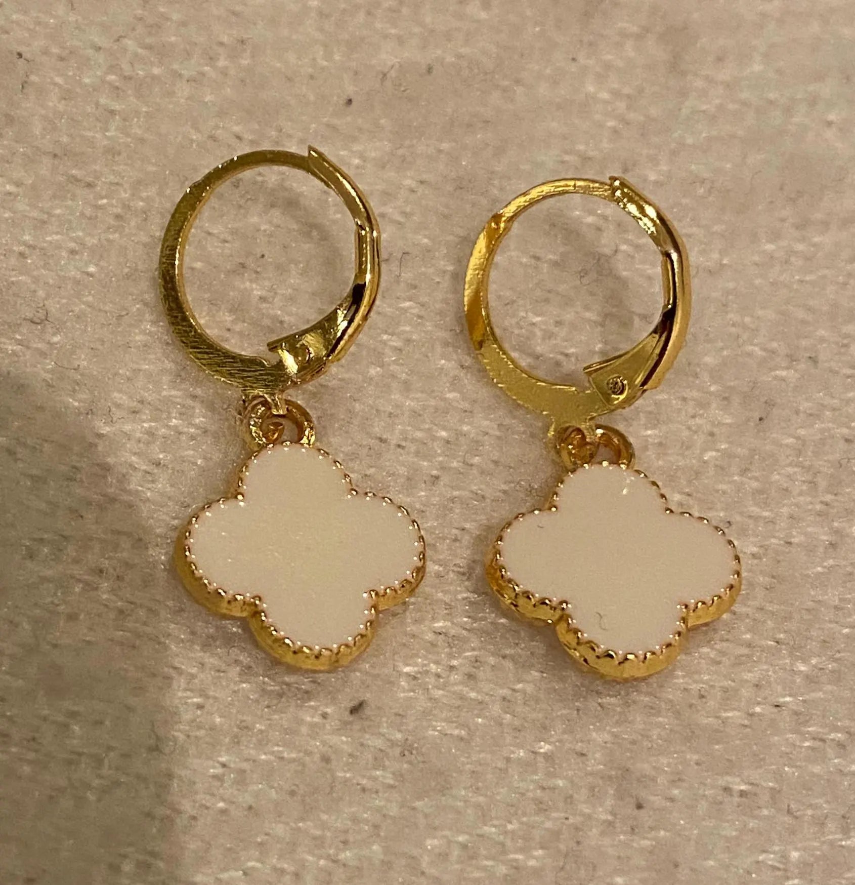 Gold Plated White Clover Charm Earrings