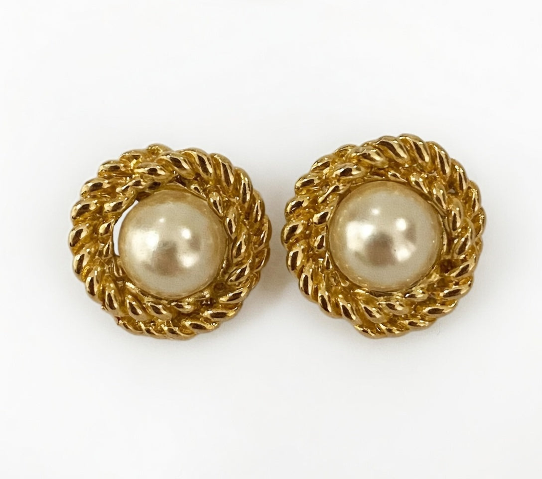 Vintage Gold Round Pearl Earrings