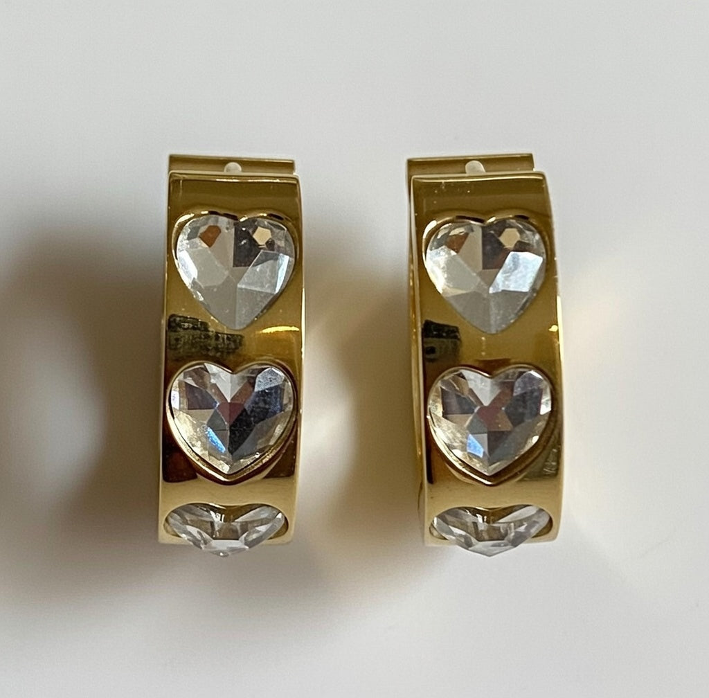 Gold Crystal Heart Hoop Earrings