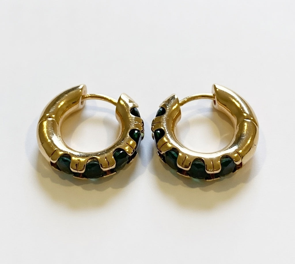 Small Gold and Emerald Stone Hoop Earrings