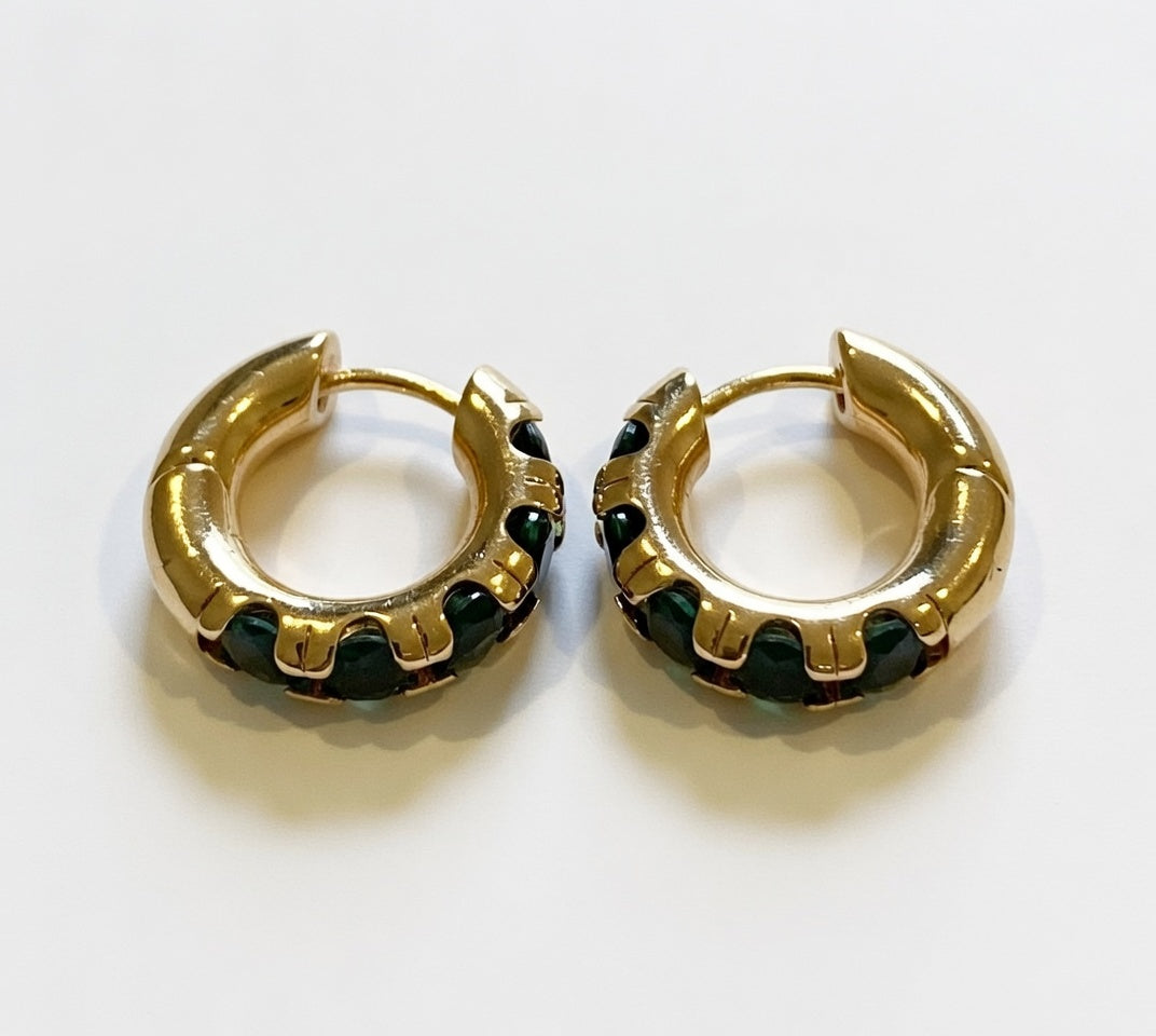 Small Gold and Emerald Stone Hoop Earrings