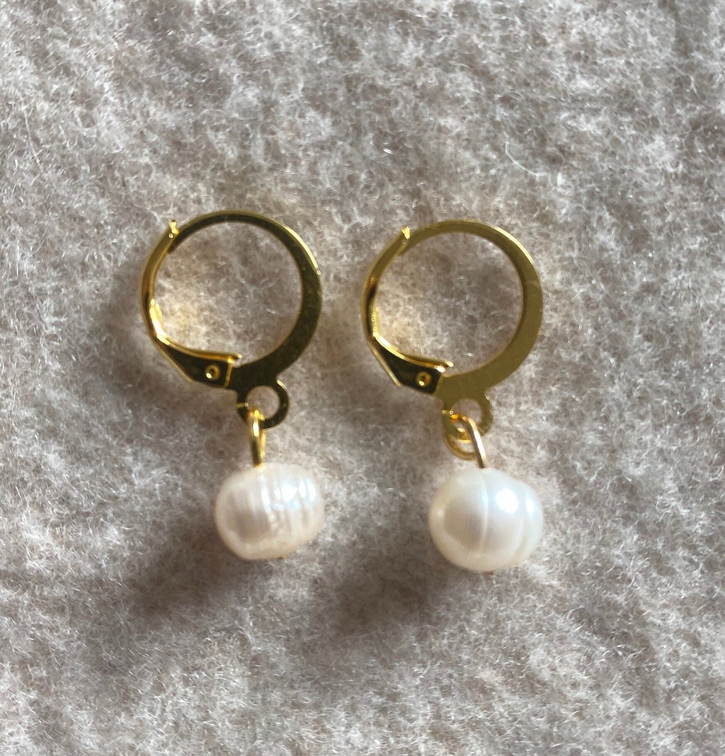 Recycled Gold Drop Pearl Hoop Earrings