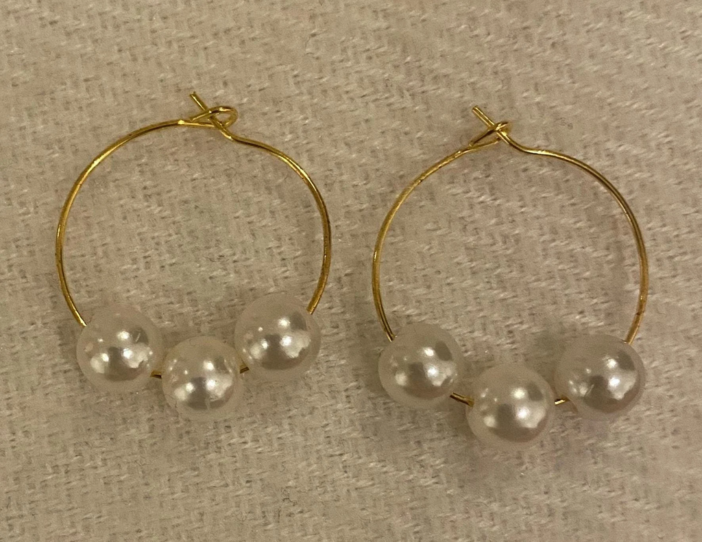 Recycled Gold and Pearl Thin Hoop Earrings