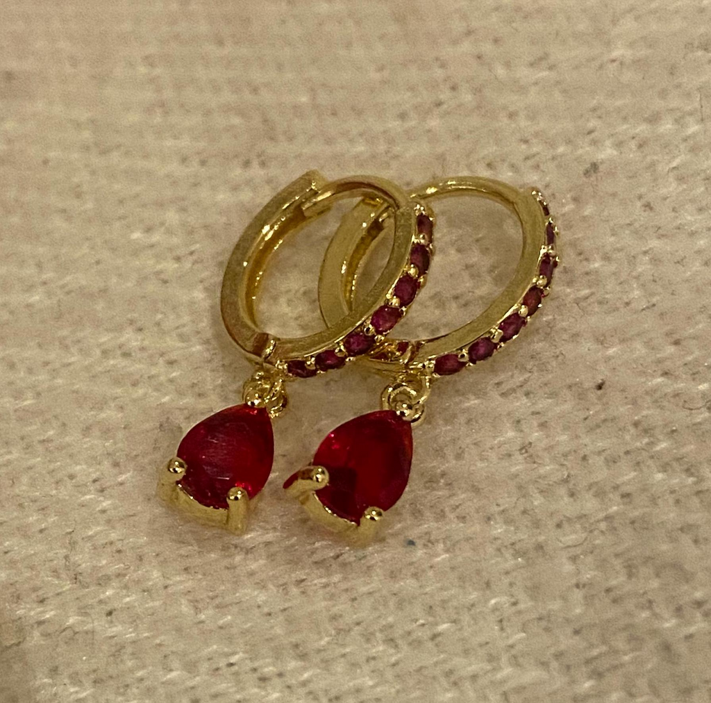 Gold Huggie Hoop and Ruby Stone Earrings