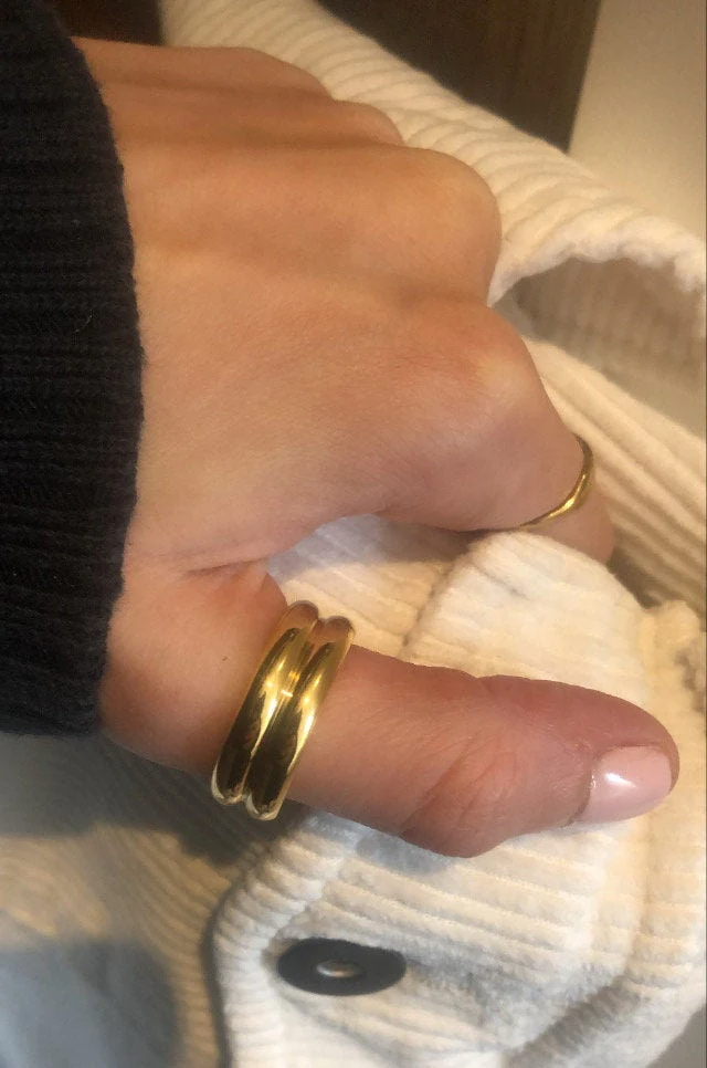Recycled Chunky Gold Double Band Detail Ring