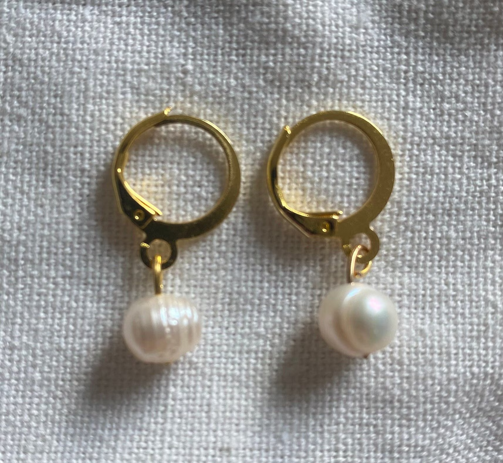 Recycled Gold Drop Pearl Hoop Earrings