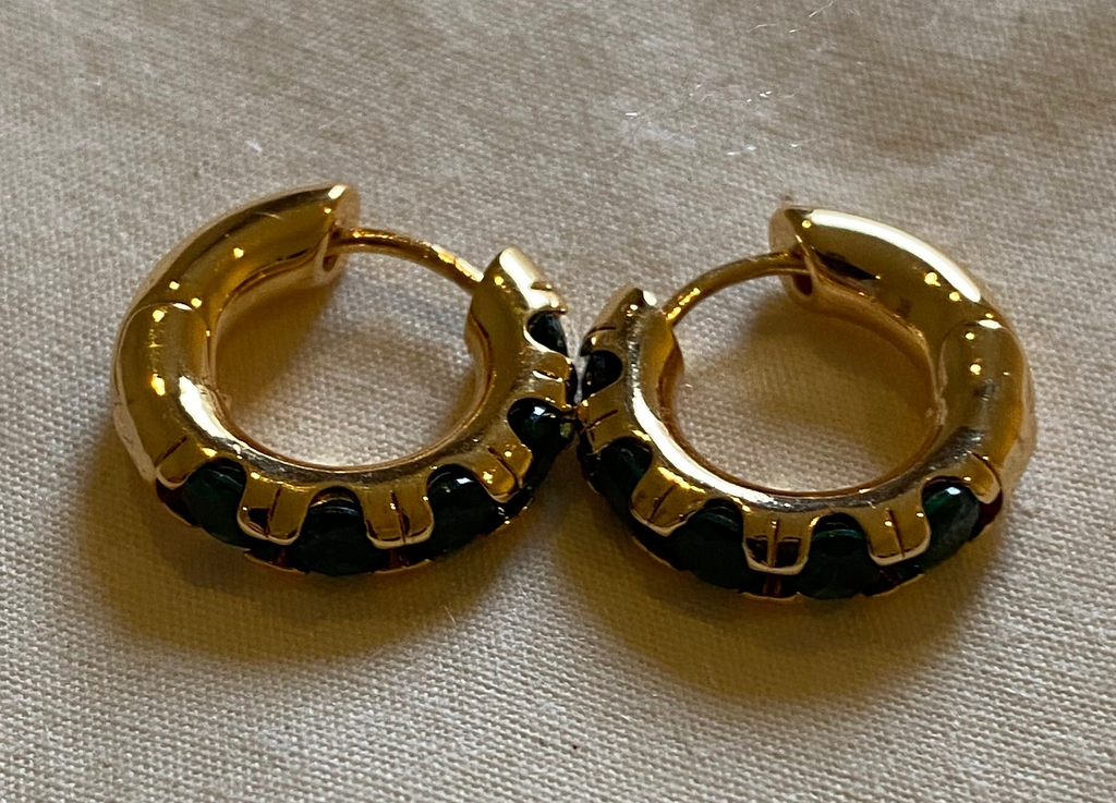 Small Gold and Emerald Stone Hoop Earrings