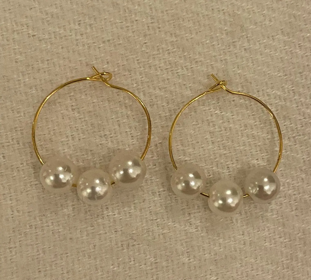 Recycled Gold and Pearl Thin Hoop Earrings