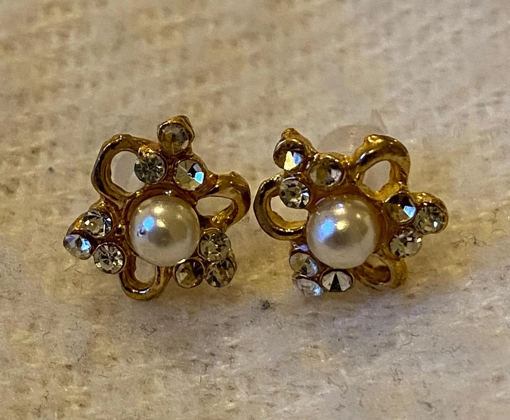 Vintage Gold Pearl and CZ Flower Studs