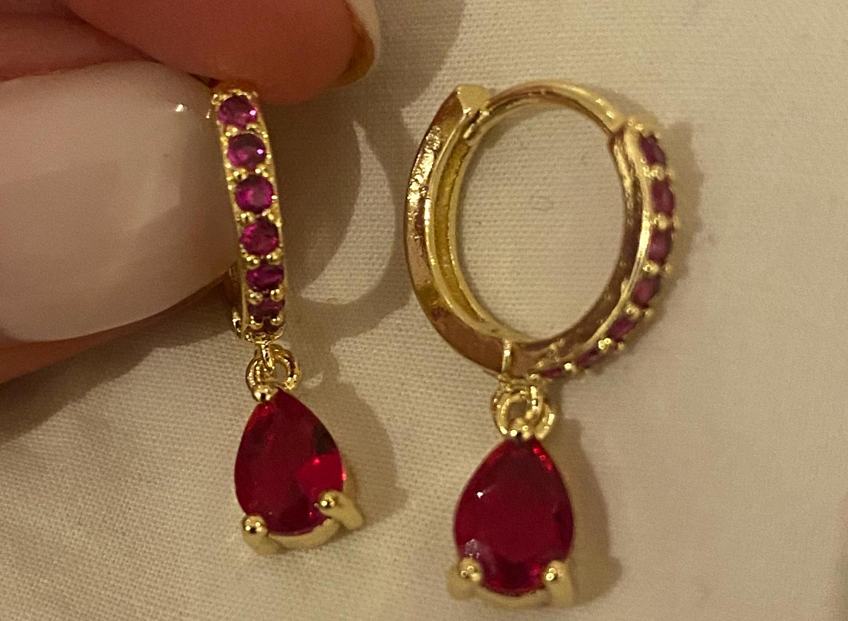 Gold Huggie Hoop and Ruby Stone Earrings