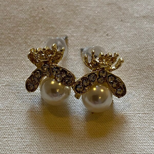 Gold Bee Pearl Stud Earrings