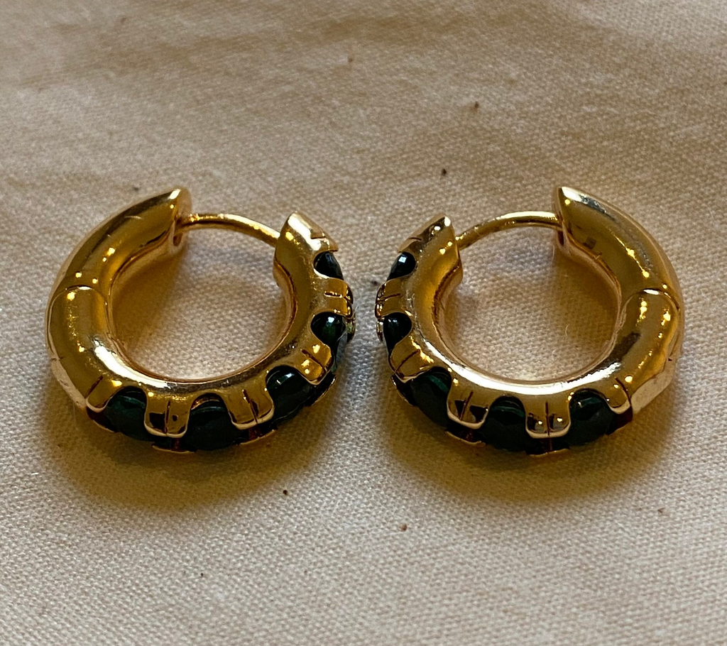 Small Gold and Emerald Stone Hoop Earrings