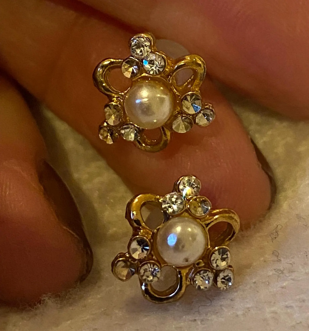Vintage Gold Pearl and CZ Flower Studs