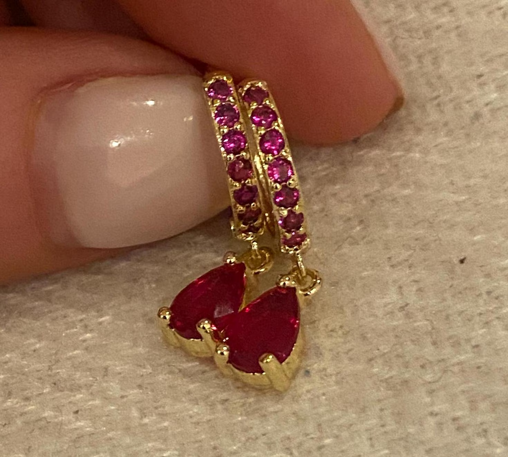 Gold Huggie Hoop and Ruby Stone Earrings