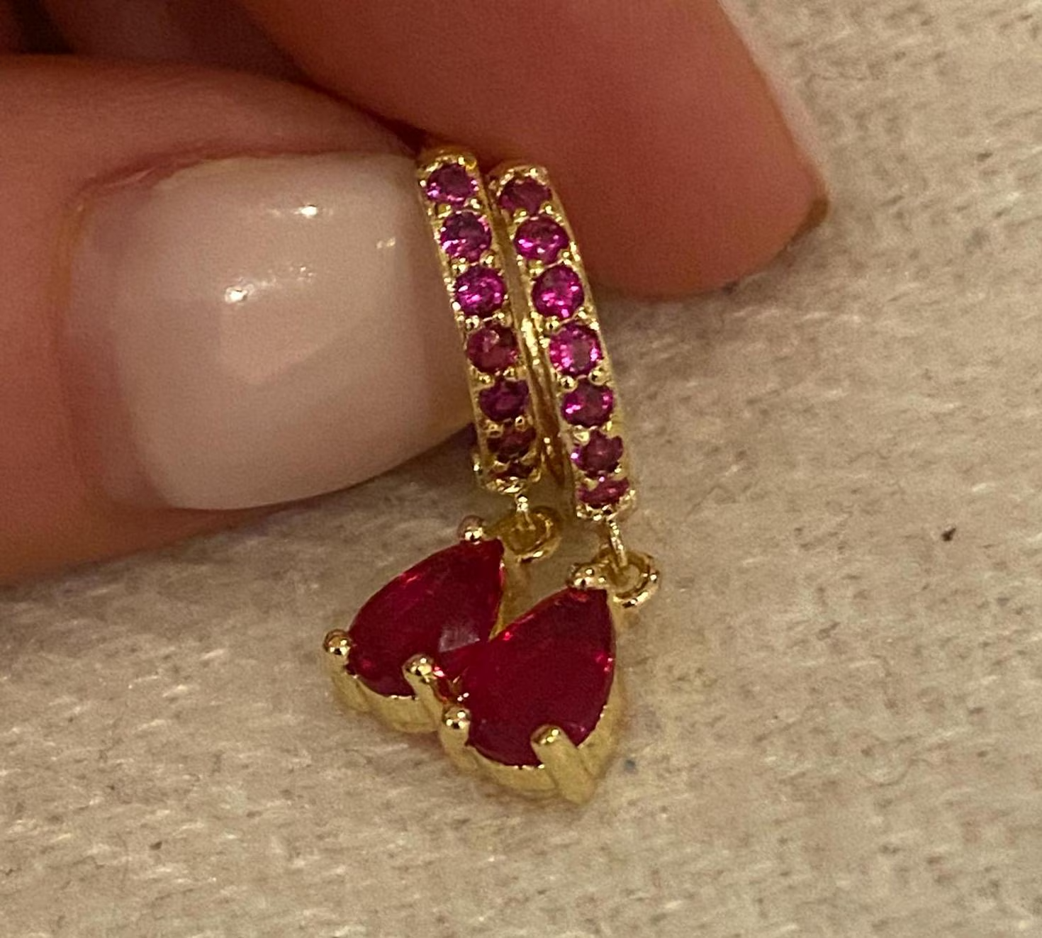 Gold Huggie Hoop and Ruby Stone Earrings