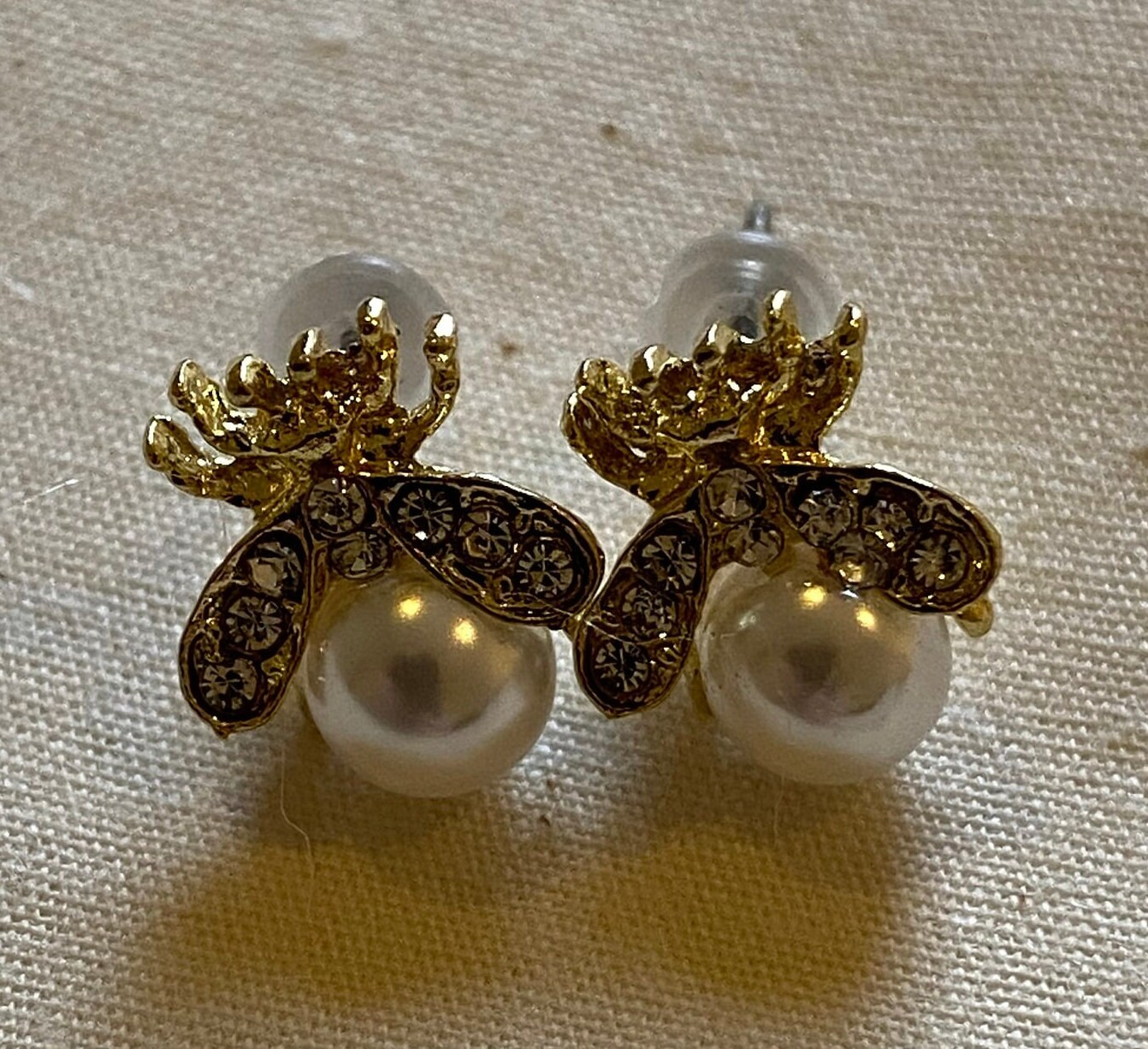 Gold Bee Pearl Stud Earrings