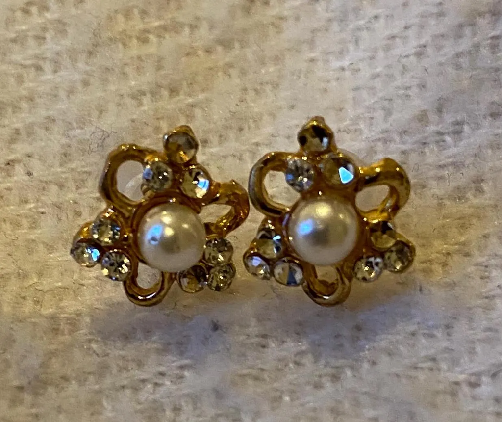 Vintage Gold Pearl and CZ Flower Studs