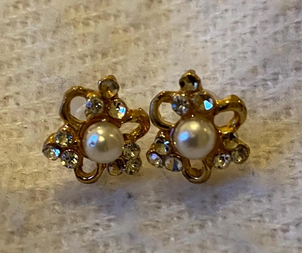 Vintage Gold Pearl and CZ Flower Studs