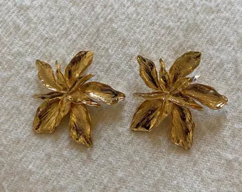 Gold Flower Leaf Statement Earrings