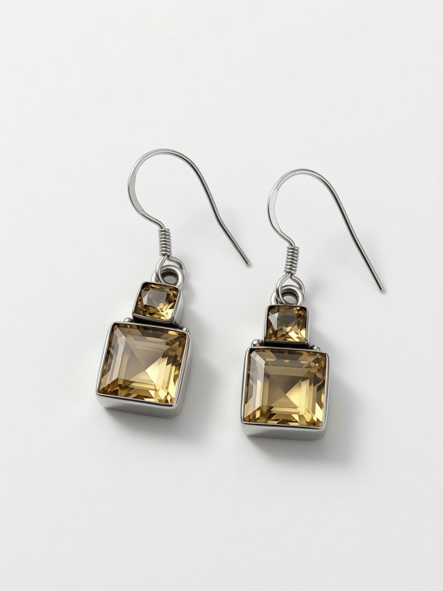 Vintage Silver Square Citrine Drop Earrings